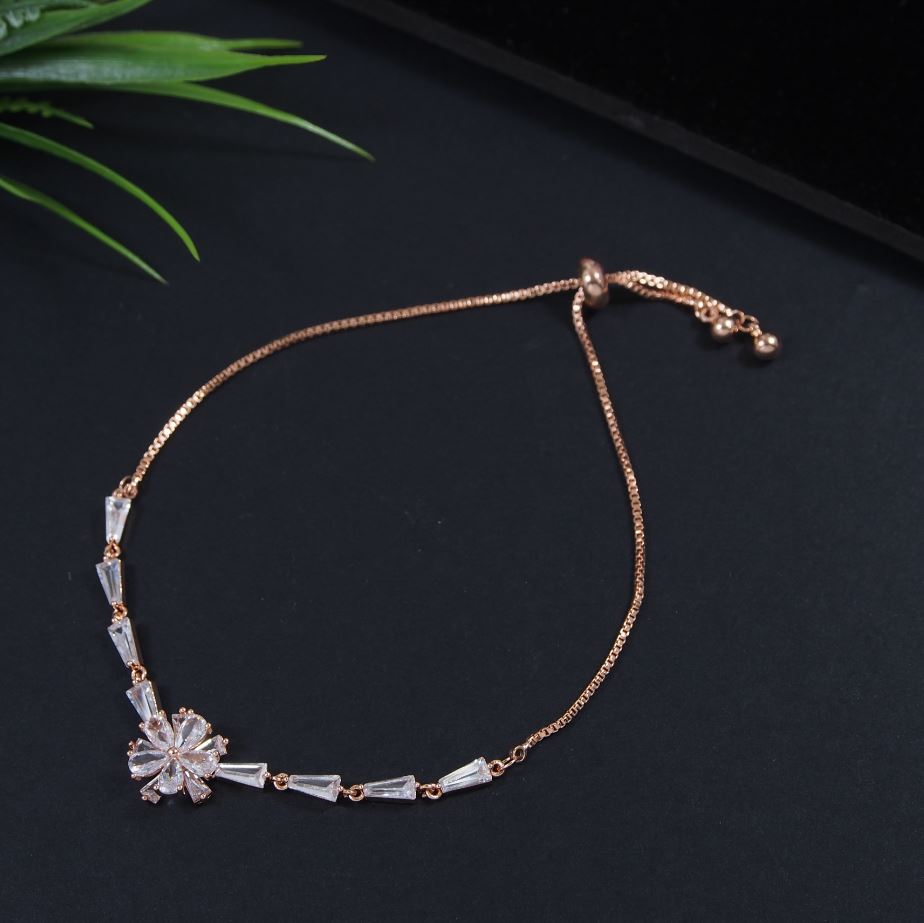 Korean Gold/Rosegold/Silver Plated Floral Design Baguette Adjustable Bracelet