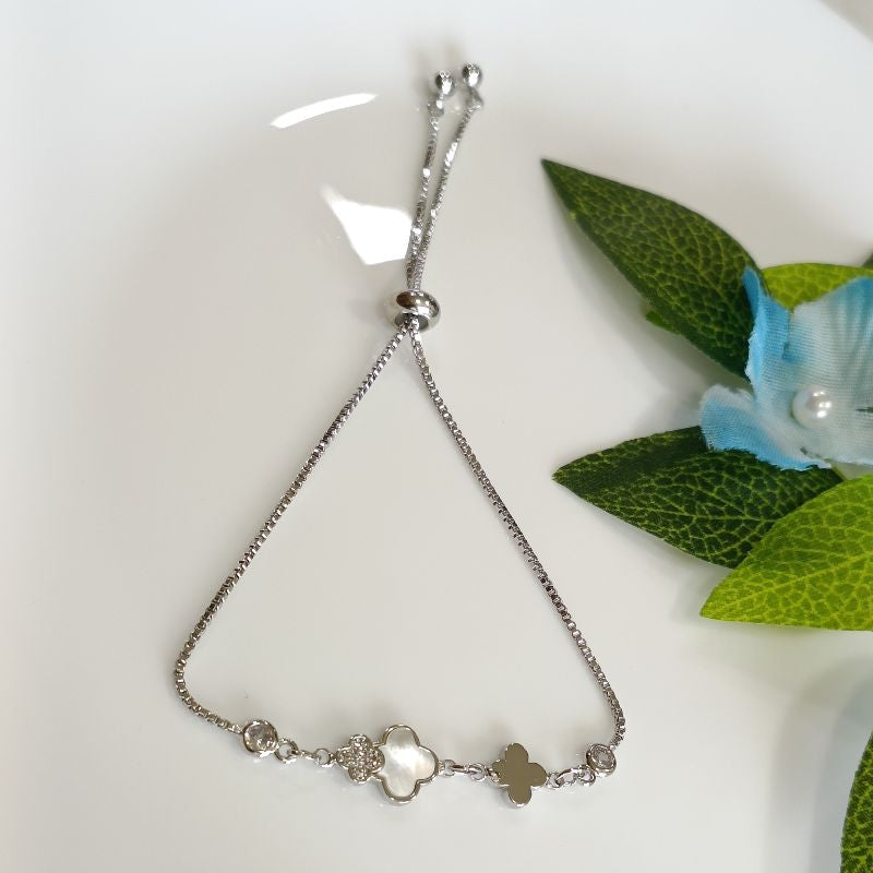 Korean Gold/Silver Plated Clover  Design White Shell Link Cubic Zirconia Stone  Adjustable Bracelet