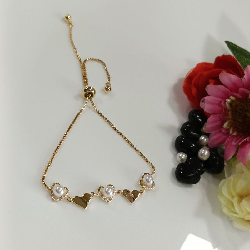 Korean Gold/Silver Plated Cubic Zicronia Pearl Heart Shaped Adjustable Bracelet