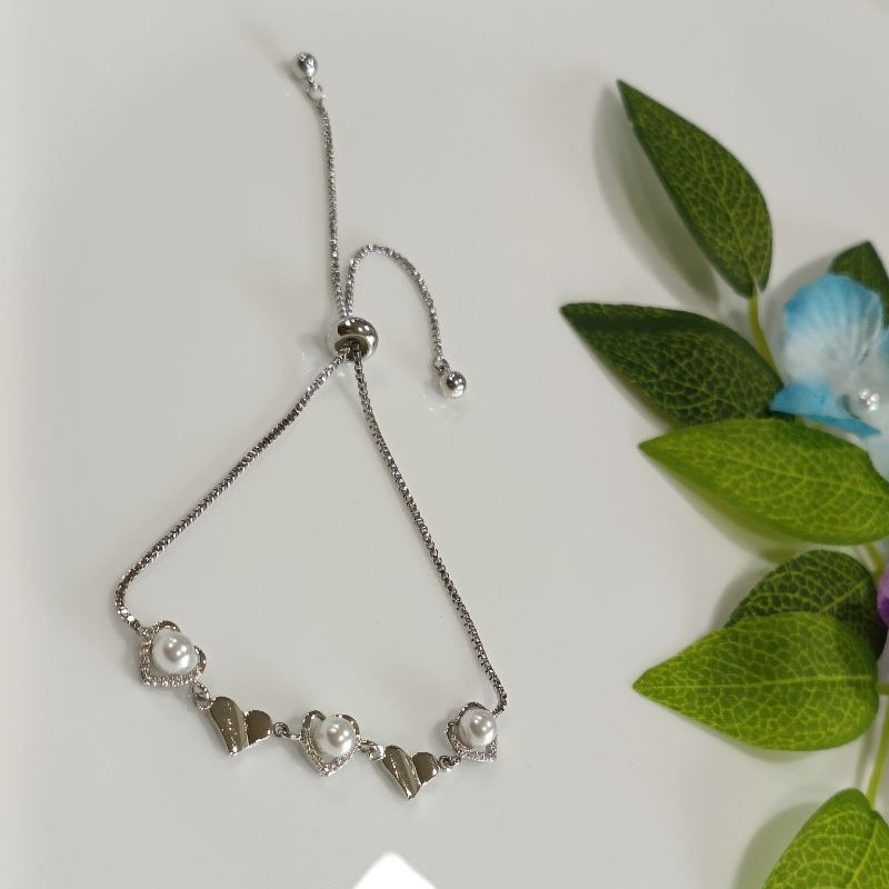 Korean Gold/Silver Plated Cubic Zicronia Pearl Heart Shaped Adjustable Bracelet