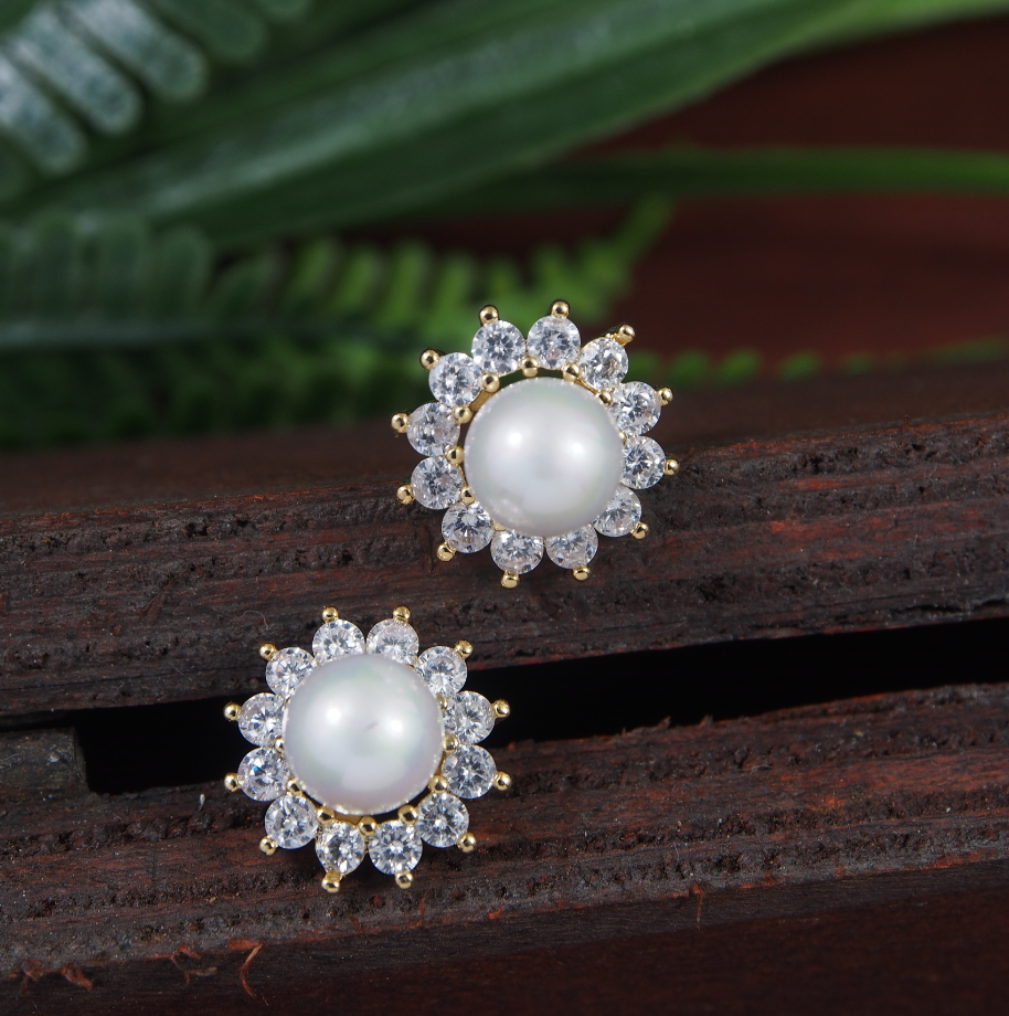 Korean Gold/Silver/Rosegold Plated Pearl CZ Stud Earring
