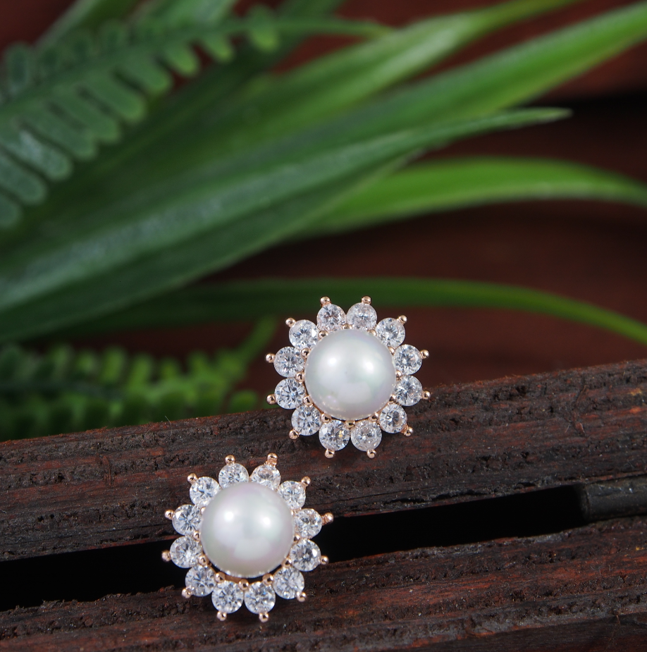 Korean Gold/Silver/Rosegold Plated Pearl CZ Stud Earring