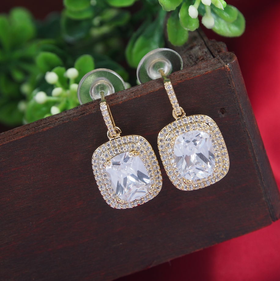 Korean Gold/Silver/Rosegold Plated Square Shaped CZ Drop Earring