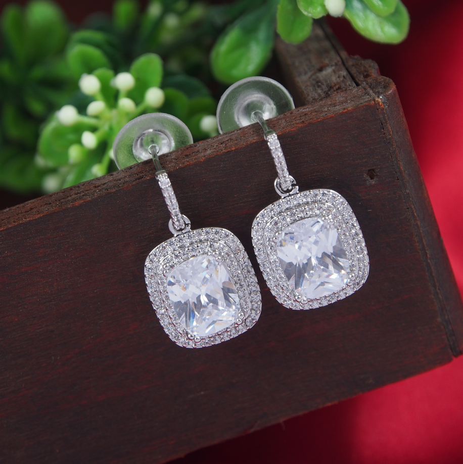 Korean Gold/Silver/Rosegold Plated Square Shaped CZ Drop Earring