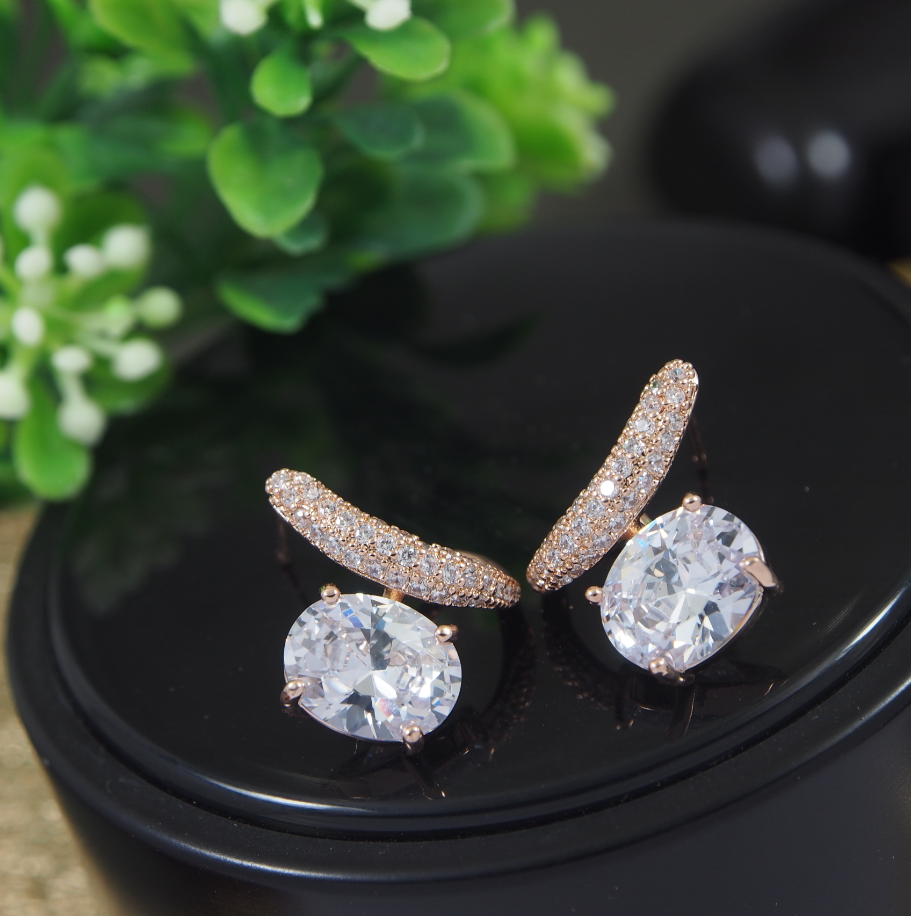 Korean Gold/Silver/Rosegold Plated Oval Shaped CZ Stud Earring
