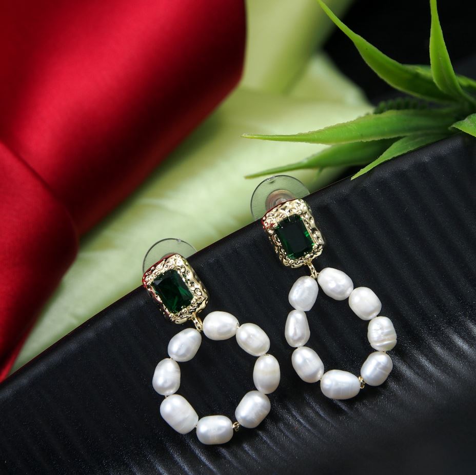 Korean Gold/Silver/Rosegold Plated Green Emerald Pearl Drop Earring