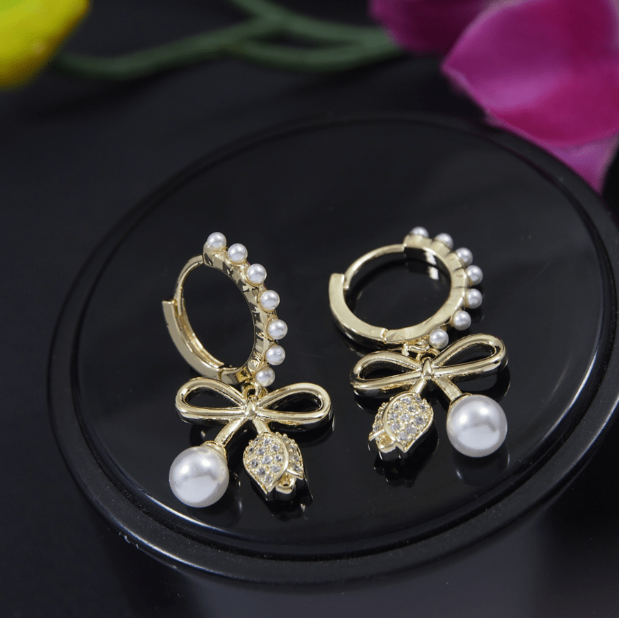 Korean Gold/Silver/Rosegold Plated Pearl Bowknot Hoops Earring
