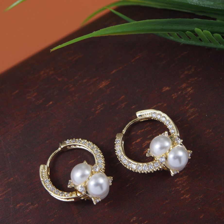 Korean Gold/Silver/Rosegold Plated CZ stone Pearl small Hoops Earring