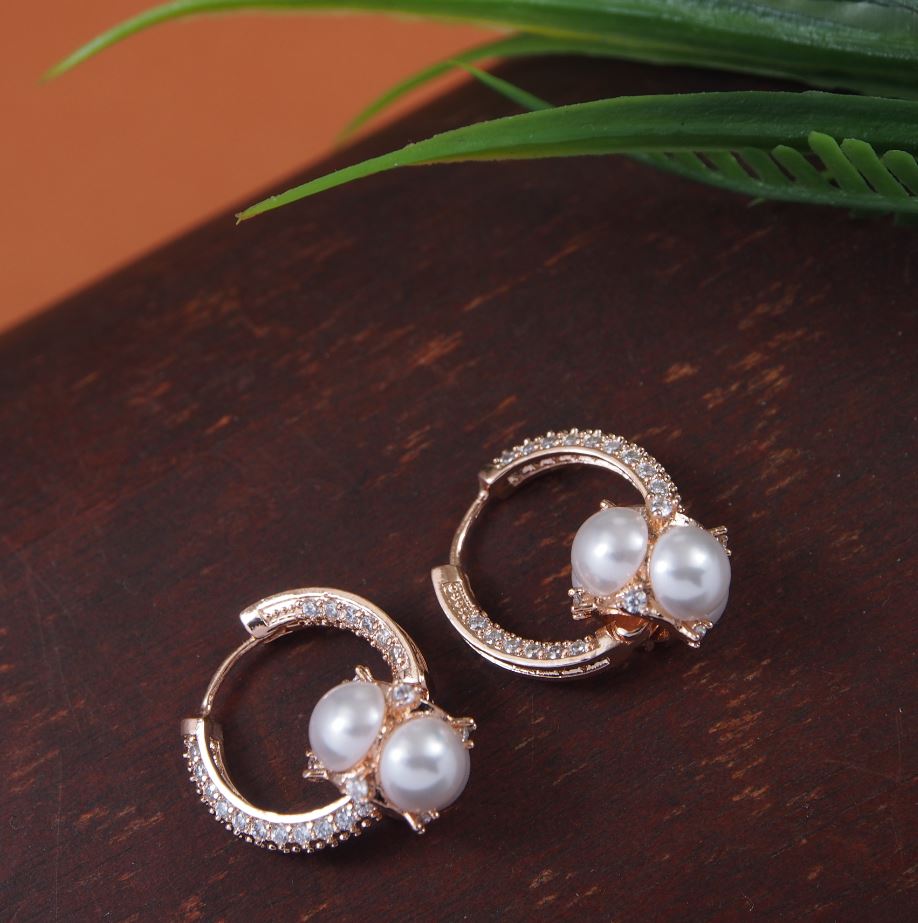 Korean Gold/Silver/Rosegold Plated CZ stone Pearl small Hoops Earring