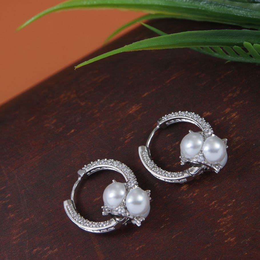 Korean Gold/Silver/Rosegold Plated CZ stone Pearl small Hoops Earring