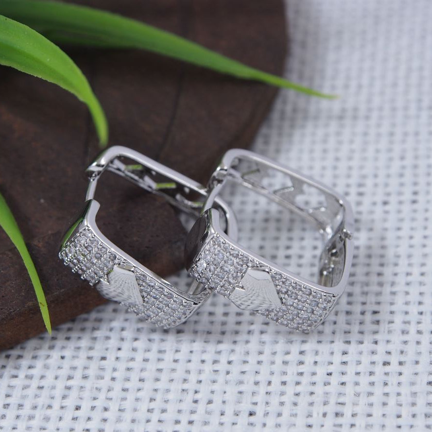 Korean Silver/gold plated CZ Stone square shaped Fancy Hoops Earring