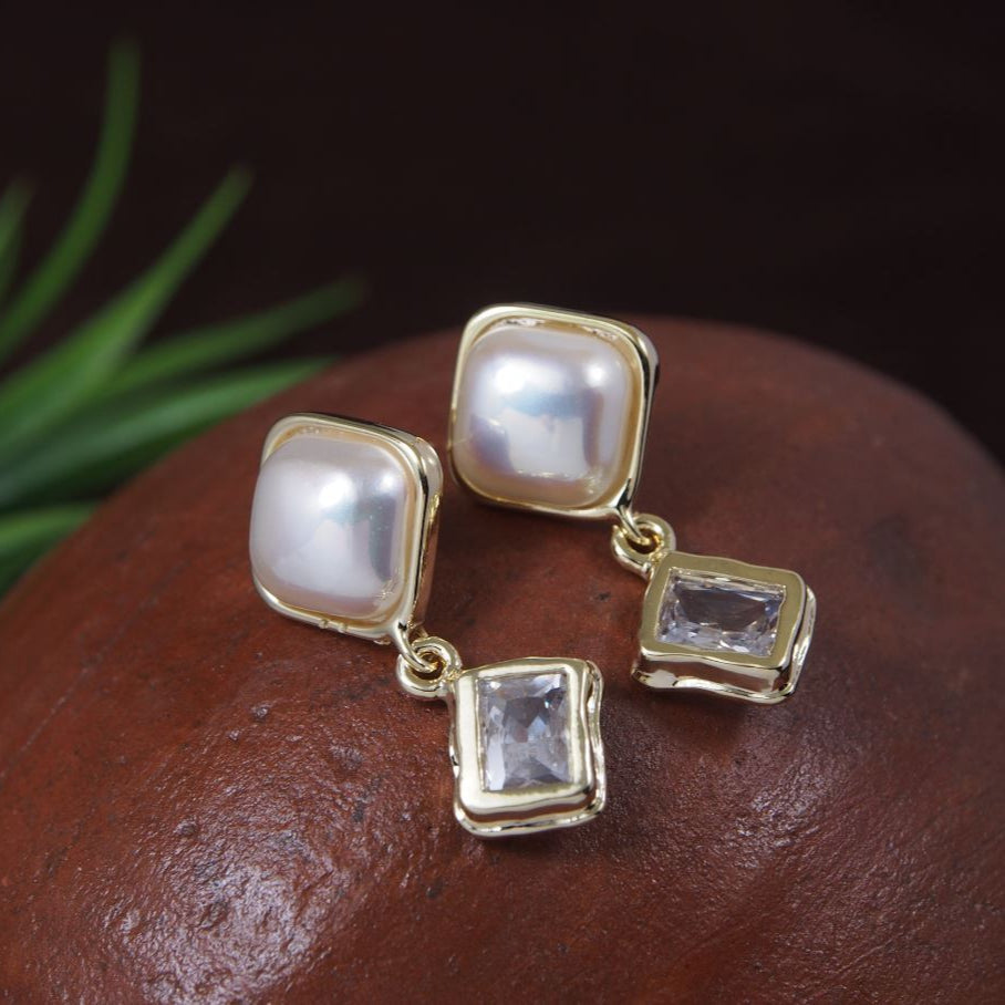 Korean Gold/Silver/Rosegold Plated Square Shaped white Pearl Drop Earring