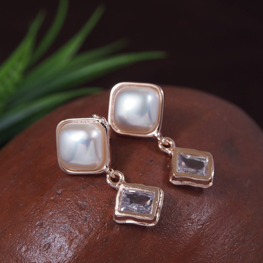 Korean Gold/Silver/Rosegold Plated Square Shaped white Pearl Drop Earring