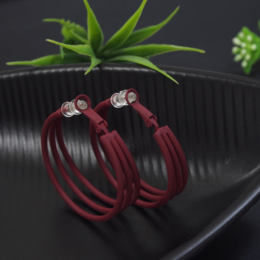 Korean Maroon Coloured Tri Linear Hoops Earring