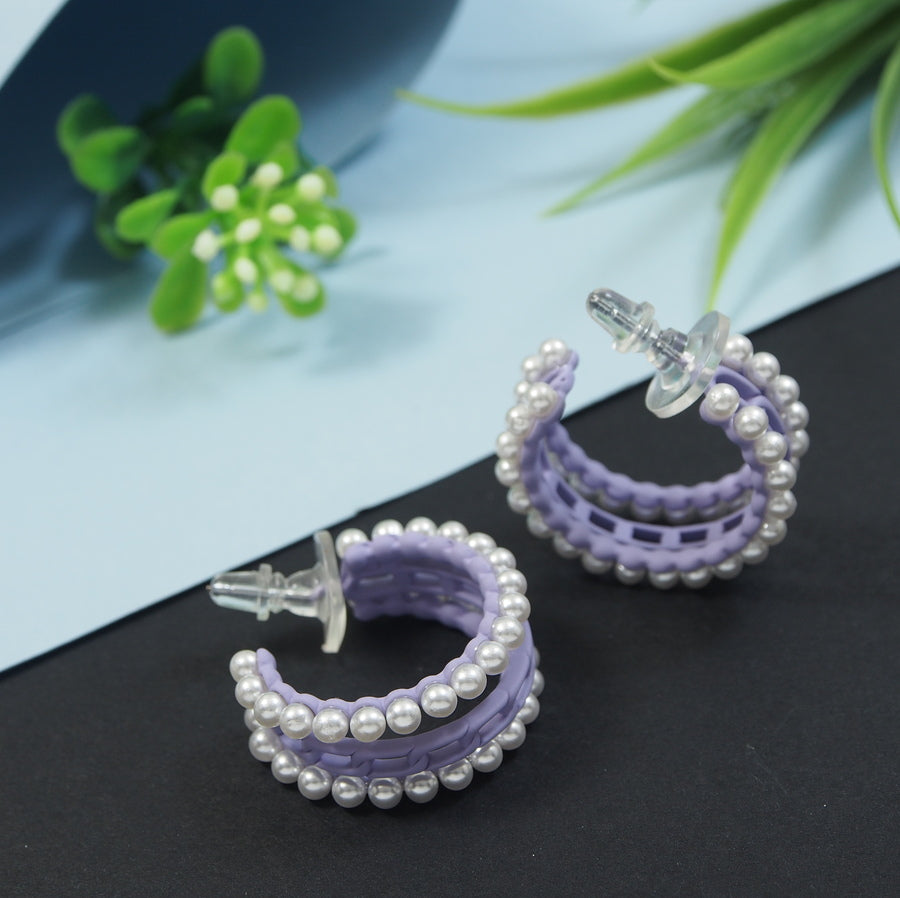 Korean Purple and White Pearl Hoops Earring