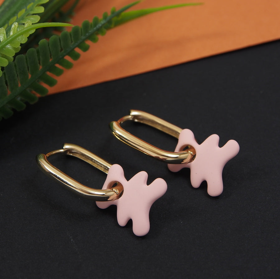 Korean Pink Coloured Inlaid Teddy Shaped Hoops Earring