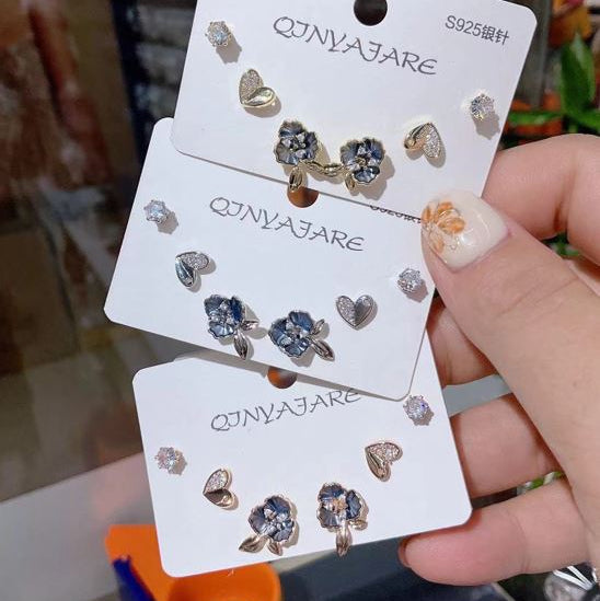 Korean Heart & Flower Cubic Zirconia Three Pair Earring