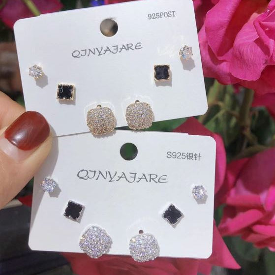 Korean Square Cubic Zirconia Three Pair Earring