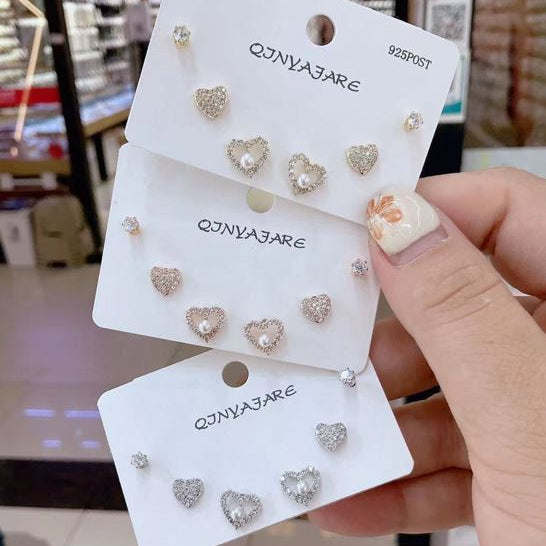 Korean Heart Cubic Zirconia Three Pair Earring