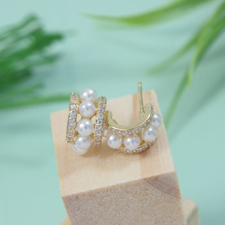 Korean Half Hoop Pearl Stud Earring