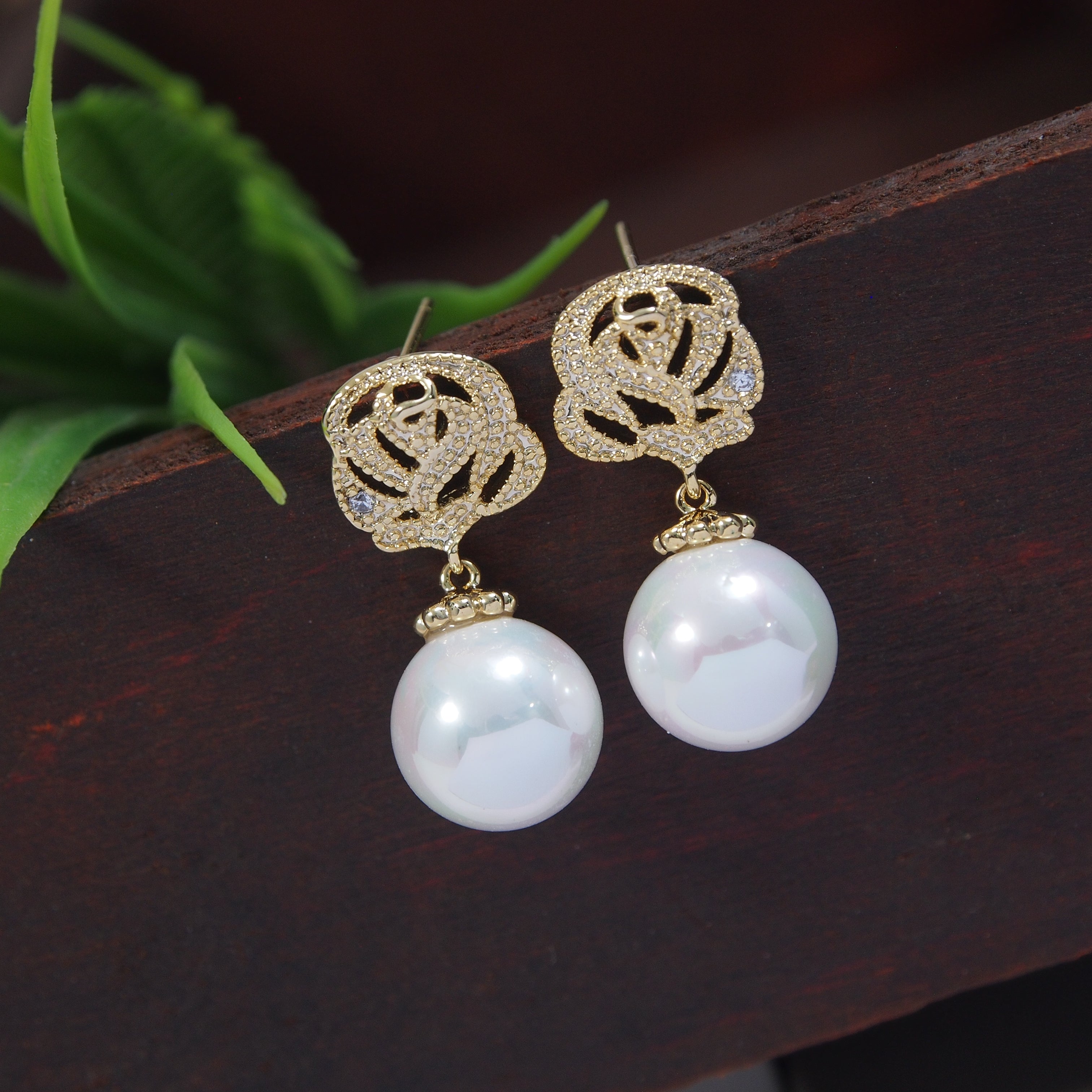 Korean Rose Flower Pearl Stud Earring