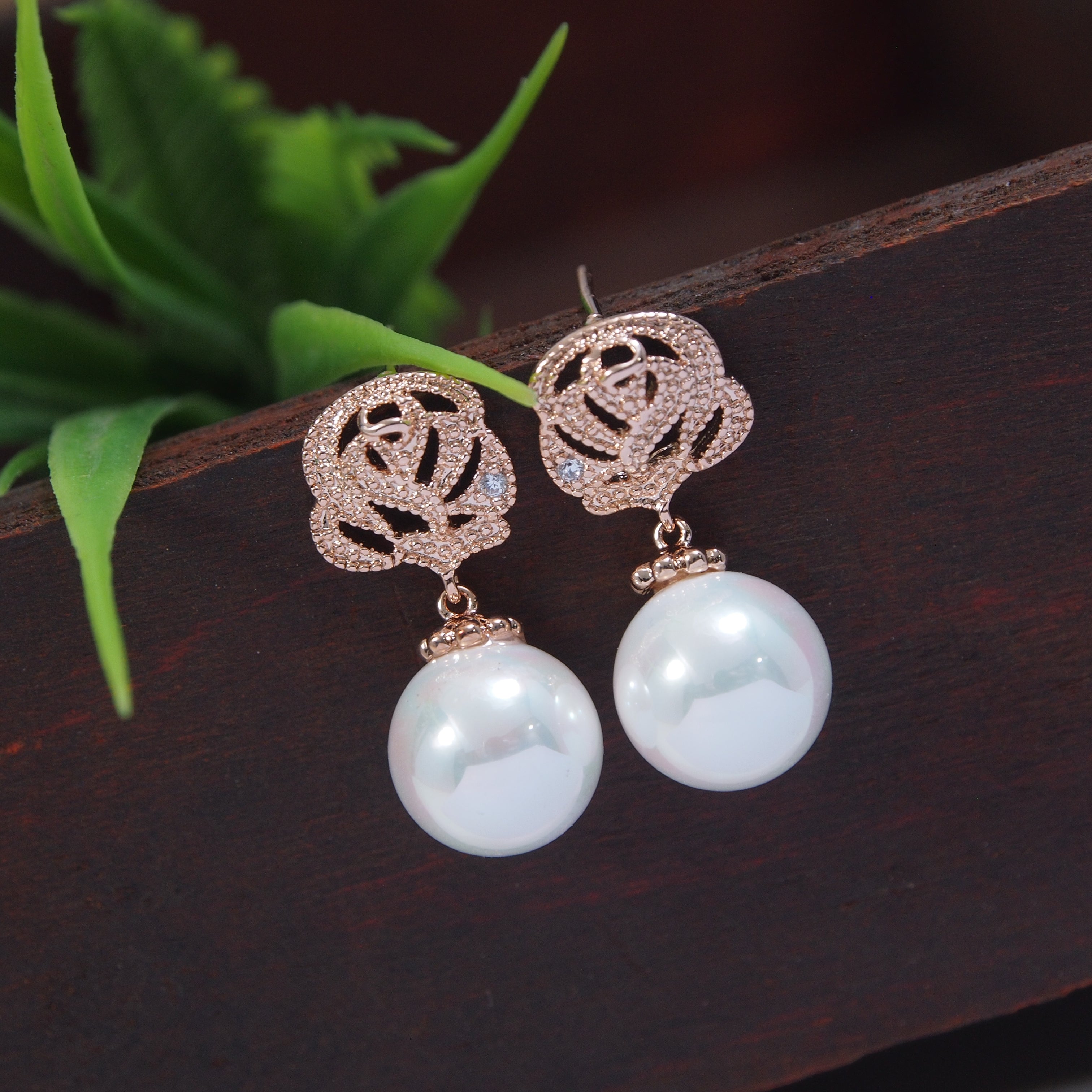 Korean Rose Flower Pearl Stud Earring