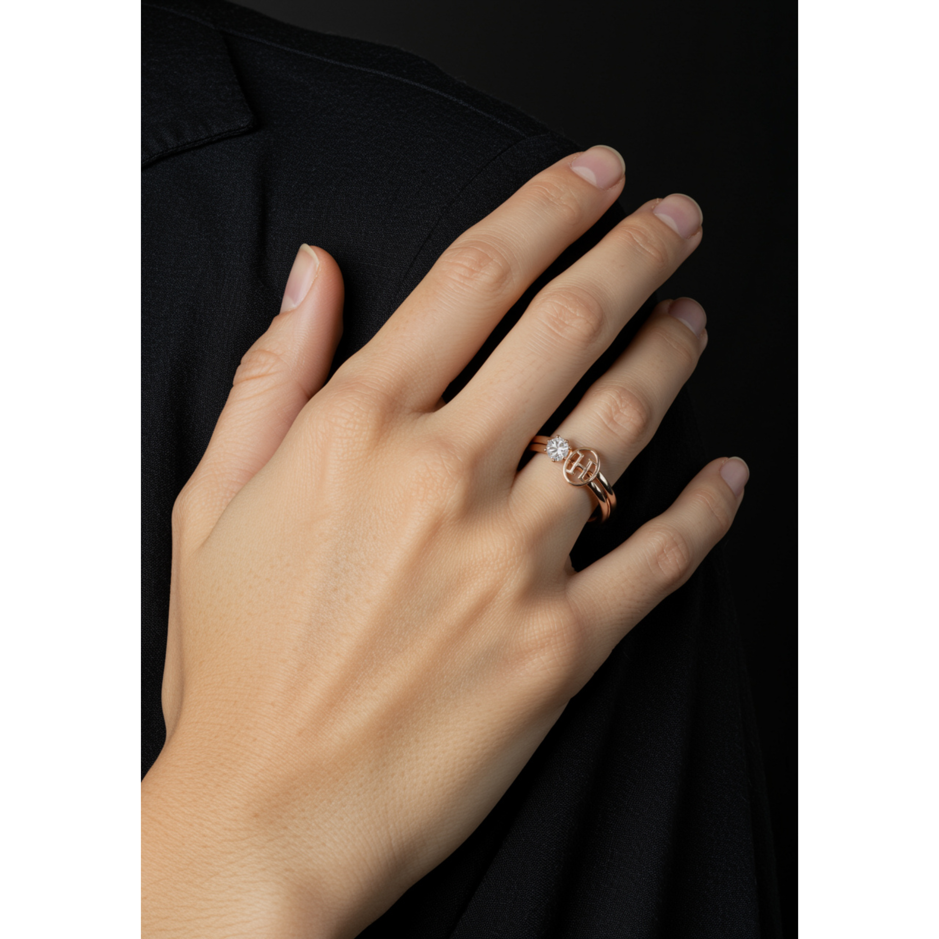 Rose Gold Plated 'H' Letter designed CZ Stainless Steel Double Finger Ring