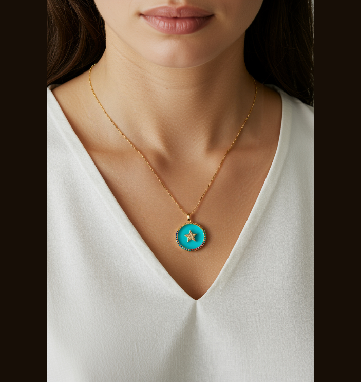 Gold Plated CZ American Diamond Round Shaped Turquoise Enamel Star Designed Pendant Necklace- CZNK 1143