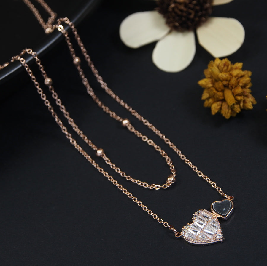 Gold/Rosegold Plated Multi Layered Cubic Zicron Baguette Filled Heart Shaped Pendent Necklace- NK 4273
