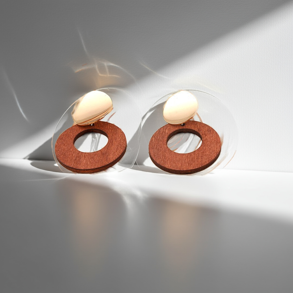 (Pack of 3 ) Gold Plated Hand Crafted Round Shaped Wooden Drop Earring