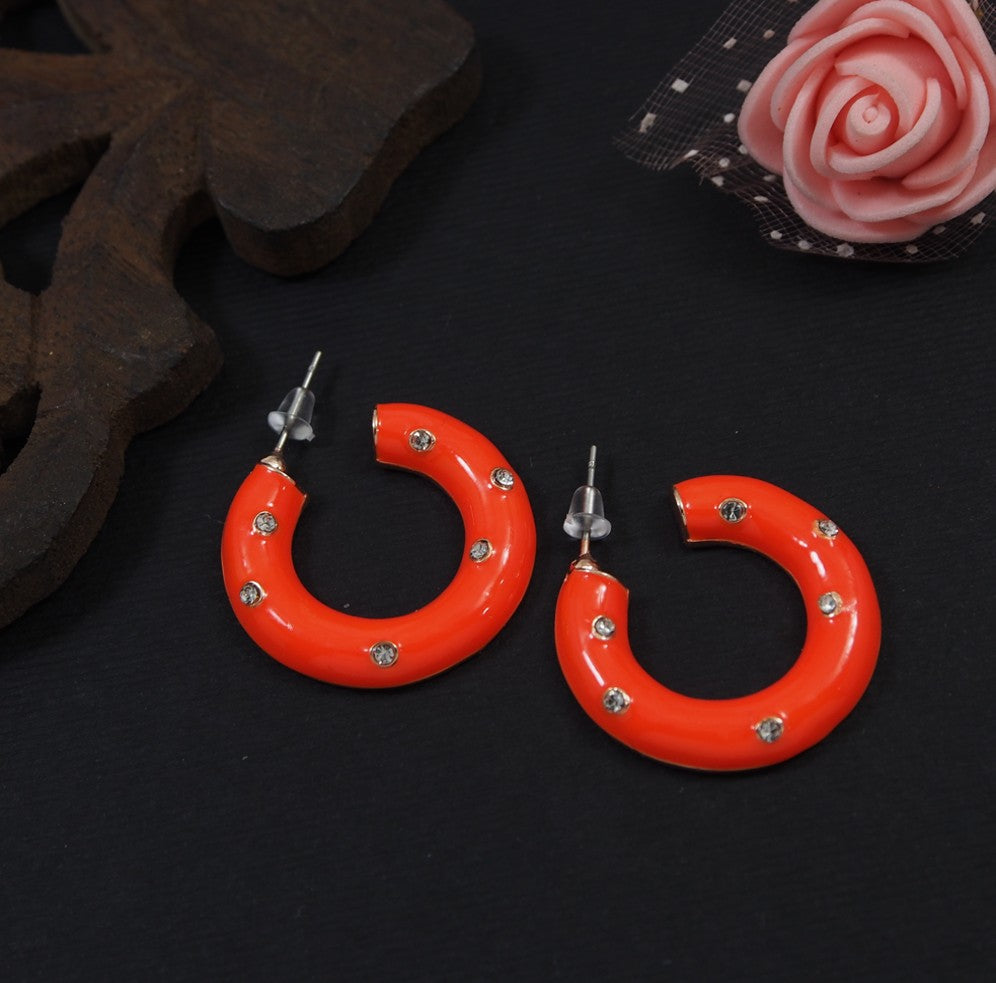 Orange enamel Stone Studded Hoops Earring